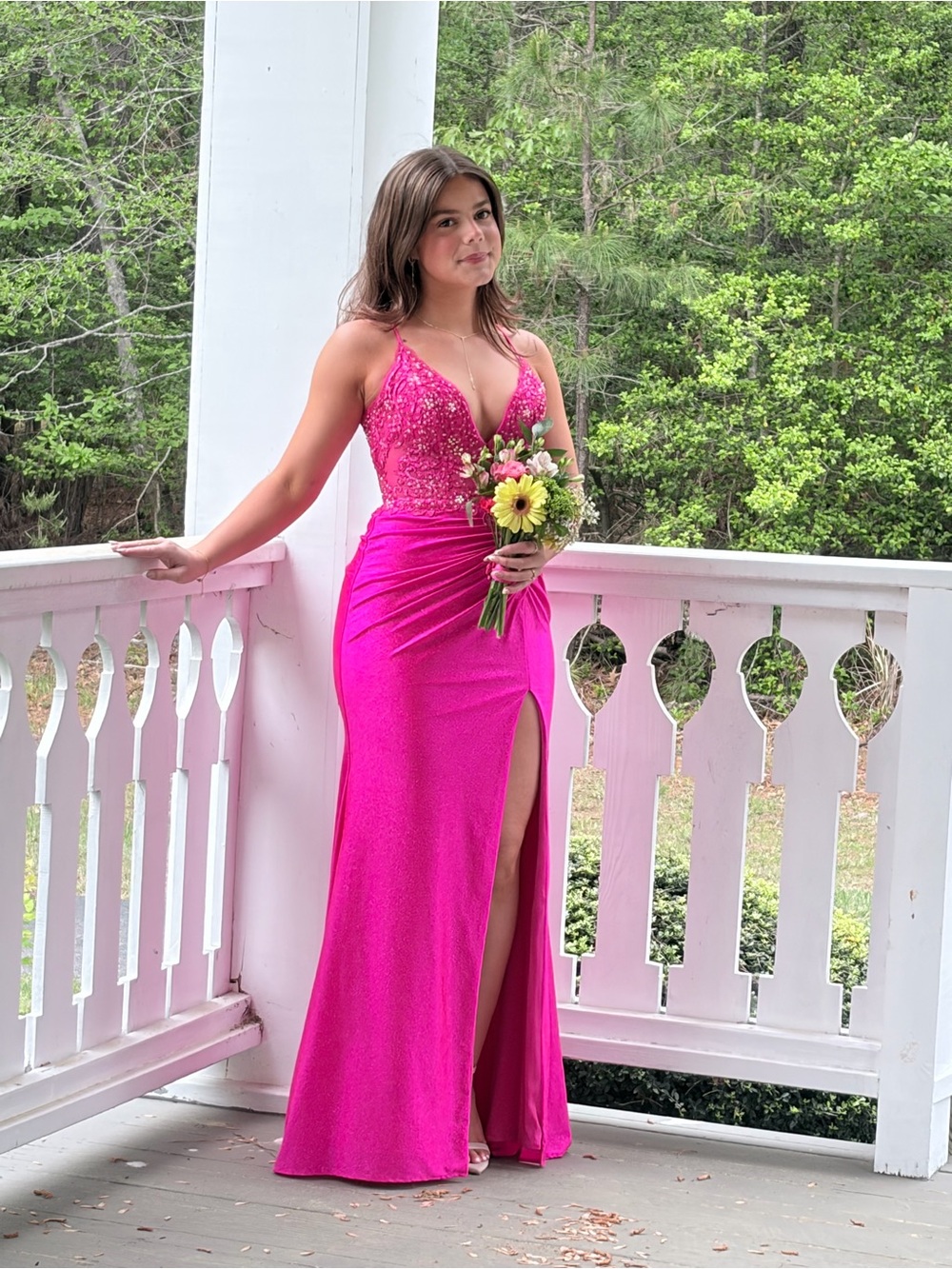 Elegant Hot Pink Evening Gown with Beaded Bodice